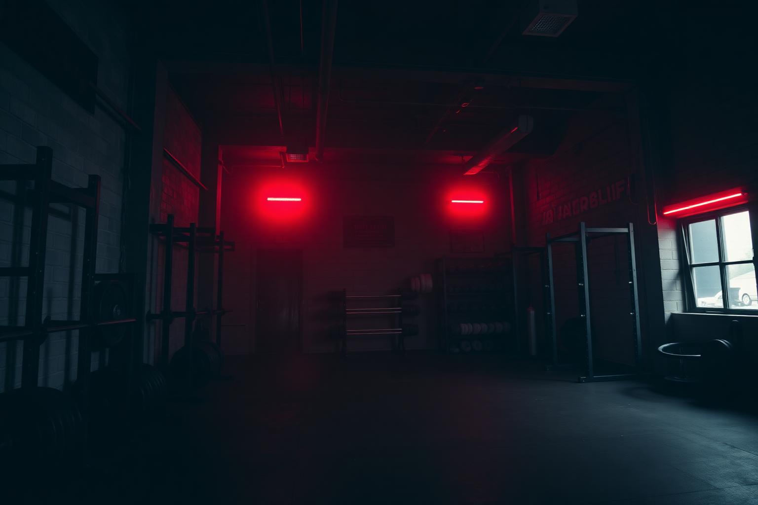 Metal Cave Gym interior at night with red accent lighting
